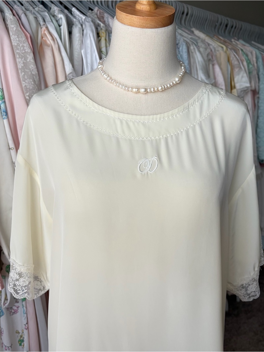 vintage christian dior ivory sleep shirt nightgown dress monogram lace trim